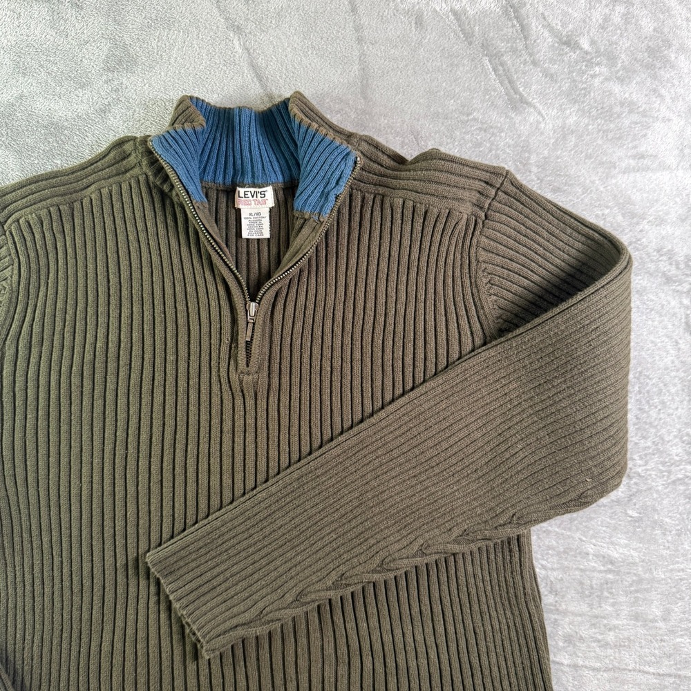 VTG Levi's Red Tab 1/4 Zip Sweater Ribbed Knit Olive Green Blue Collar XL/XG